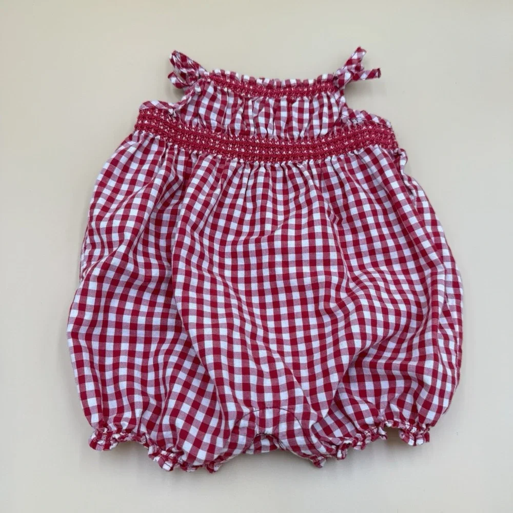Baby‎ Gap Y2K Romper Baby Girl 3-6 M Red Gingham Smocked Outfit Bow Summer